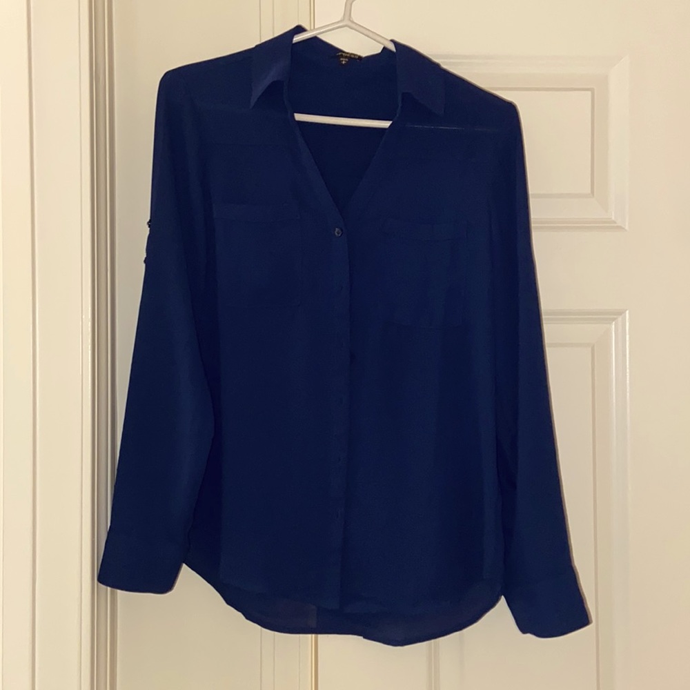 Express size small navy blue convertible portofino blouse